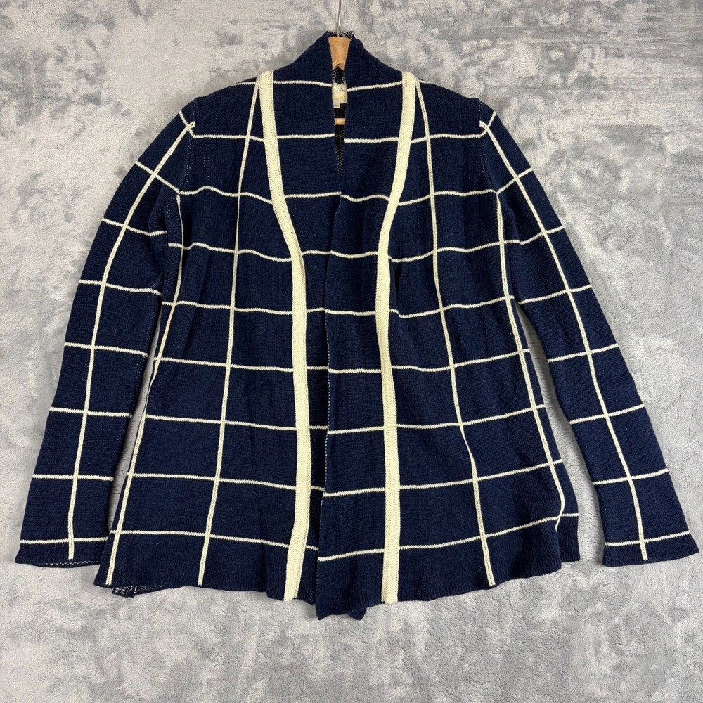 ModCloth Navy Cream Grid Cardigan Womens Small Open Front Academia Cozy Knit